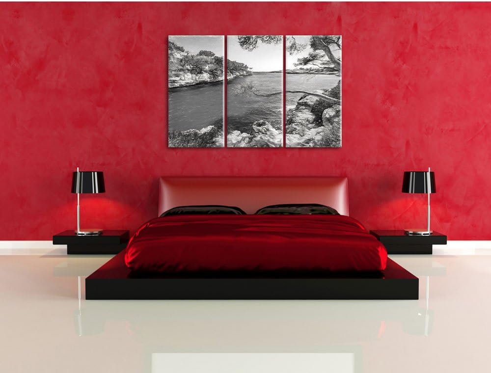 Pixxprint Idyllische Ansicht des Mittelmeers am Mallorca Bay Cove Kunst Kohle Effekt 3-Teiler Leinwa
