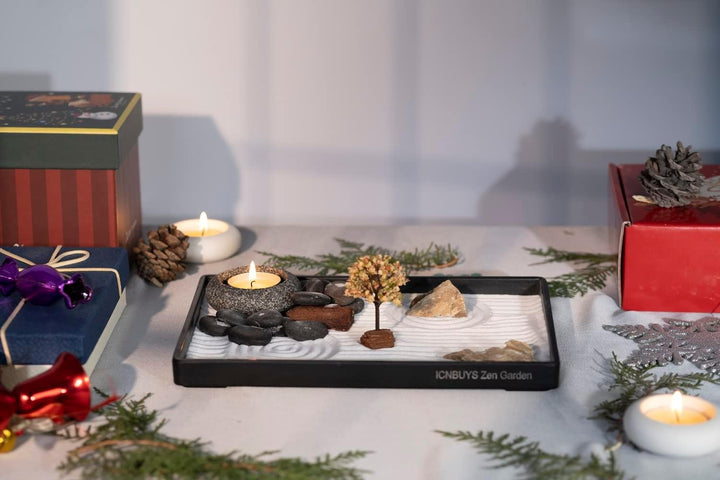 ICNBUYS Kerzenhalter aus Zen-Gartenkiesel, handgefertigt, mit Zen-Gartenwerkzeugen, Sand, Grundplatt