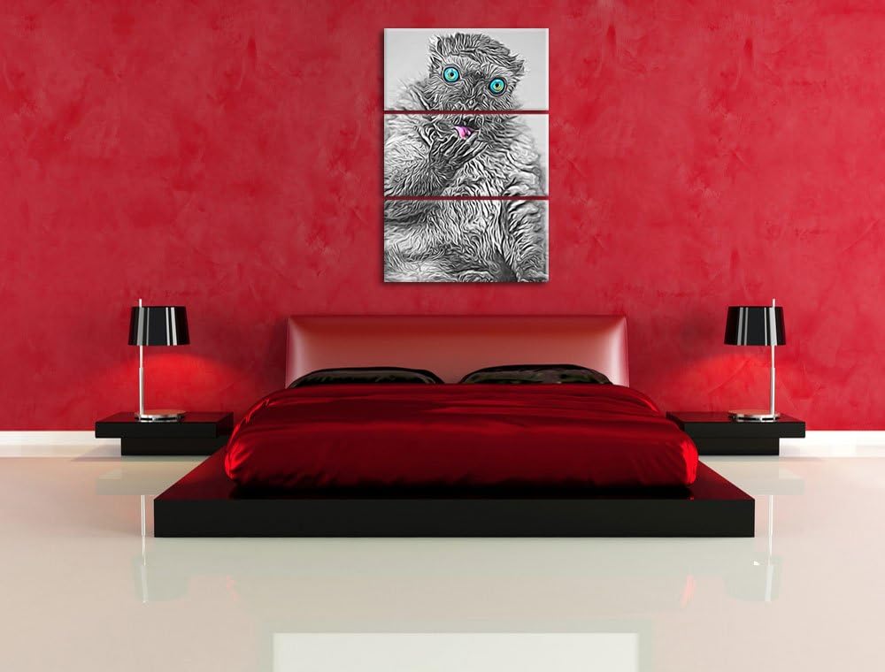 prächtiger Blauaugenmaki beim Putzen schwarz/weiss Deluxe 3-Teiler Leinwandbild 120x80 Bild auf Lein