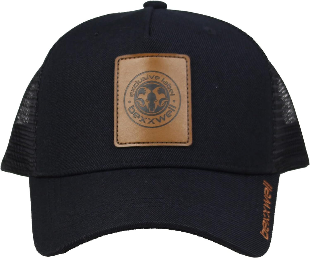 Bexxwell Trucker Cap schwarz mit Leder-Patch (optimale Passform, Kappe, Black, Truckercap, Logo, Cap