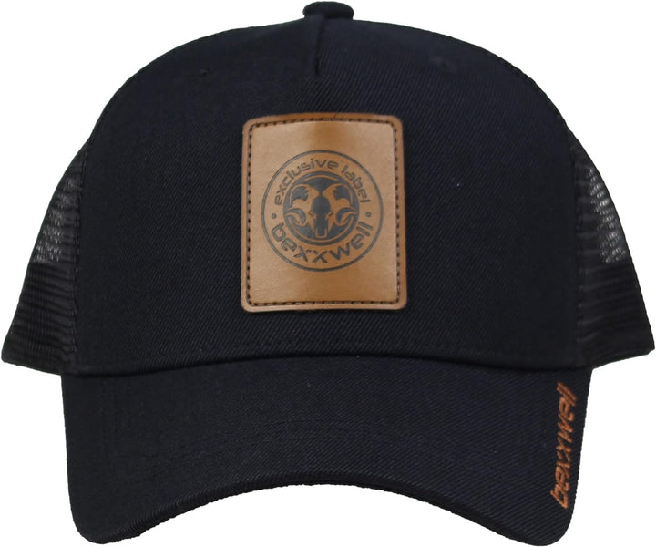 Bexxwell Trucker Cap schwarz mit Leder-Patch (optimale Passform, Kappe, Black, Truckercap, Logo, Cap