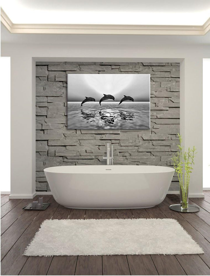 Pixxprint Delfine im Sonnenuntergang als Leinwandbild/Grösse: 100x70 cm/Wandbild/Kunstdruck/fertig b