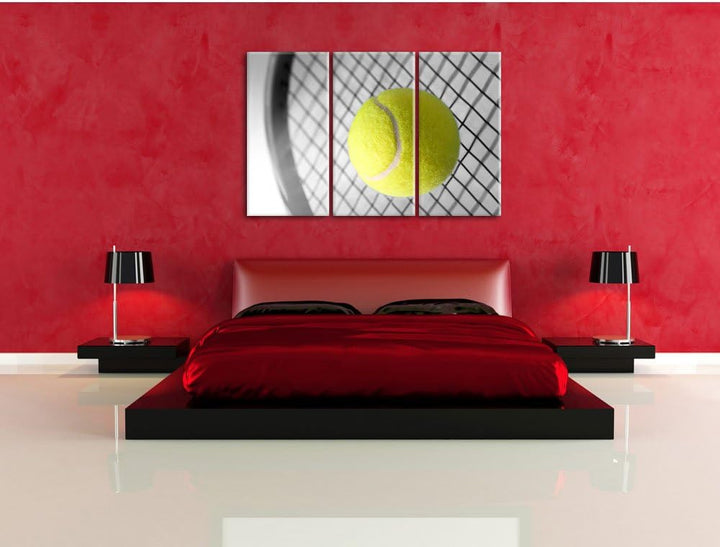 Pixxprint Tennisschläger mit Tennisball Schwarz/Weiss 3-Teiler Leinwandbild 120x80 Bild auf Leinwand
