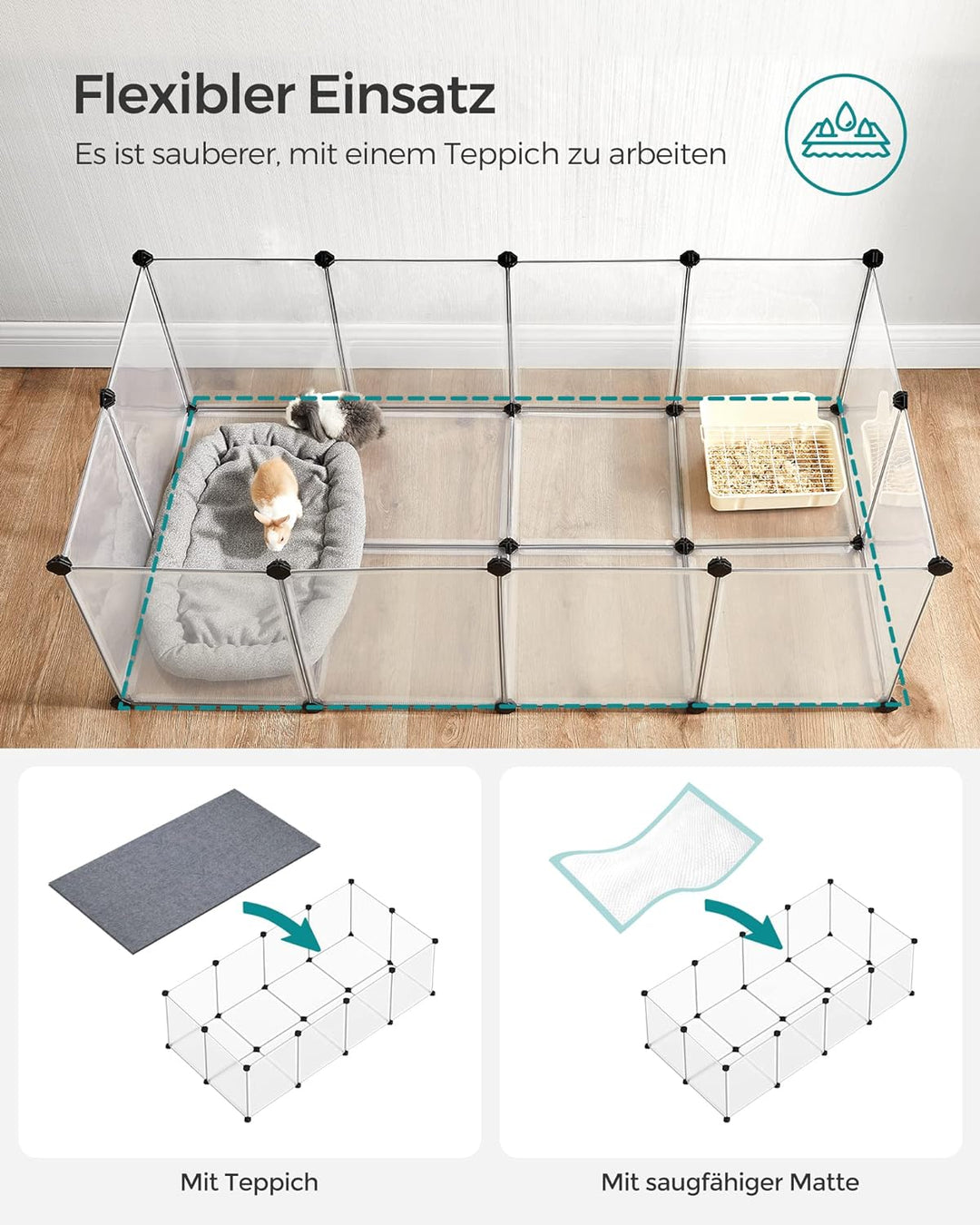 SONGMICS Freigehege mit Bodenplatten, Laufstall, Meerschweinchen Gehege, aus Kunststoff, Gehege für