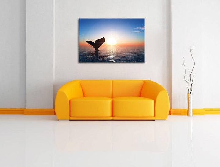 Walflosse im Sonnenuntergang Format: 100x70 auf Leinwand, XXL riesige Bilder fertig gerahmt mit Keil