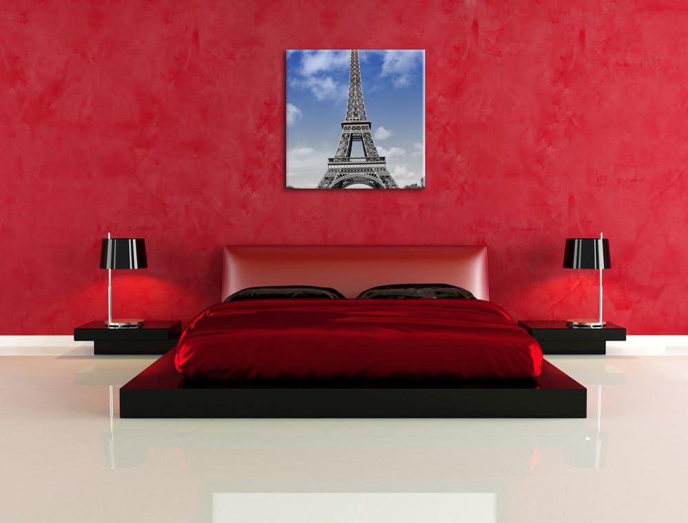 Pixxprint Eifelturm mit blauem Himmel Paris schwarz/weiss, Format: 70x70 auf Leinwand, 70x70