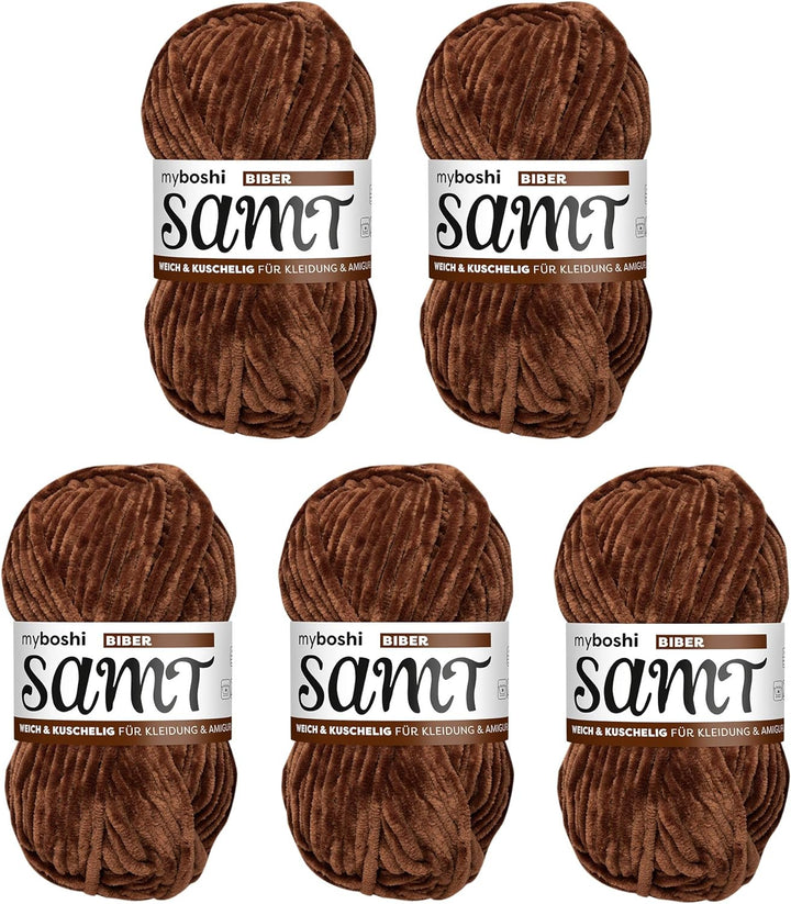myboshi Samt, 100% Chenille-Garn, Braun - Biber, 100g, 100m, 5 Knäuel, Wolle zum Häkeln und Stricken