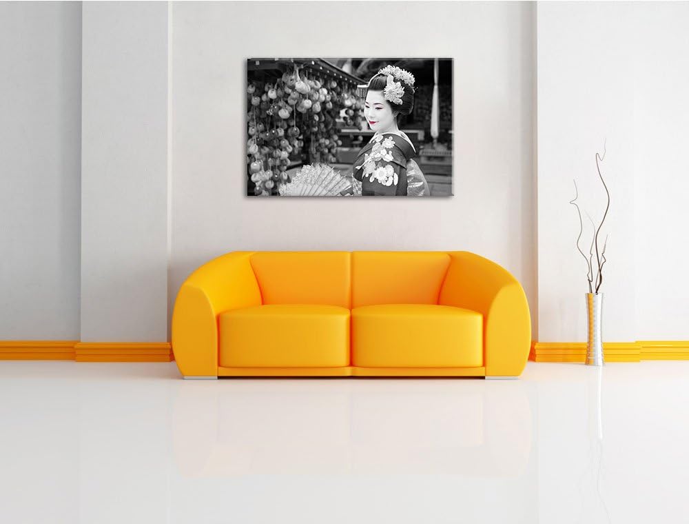 schöne Geisha mit Fächer schwarz/weiss Format: 100x70 auf Leinwand, XXL riesige Bilder fertig gerahm
