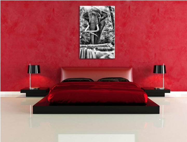 Pixxprint Elefant am Bach / 100x70cm Leinwandbild bespannt auf Holzrahmen/Wandbild Kunstdruck Dekora