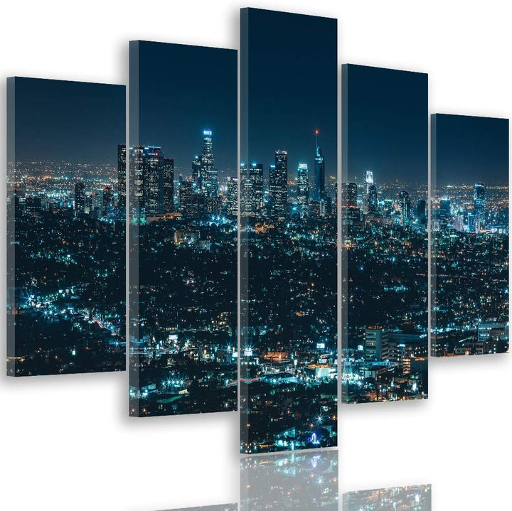 Feeby Leinwandbild Stadt City 5 TLG Bild Kunstdruck Landschaft Nacht blau 100x70 cm Leinwandbild 100