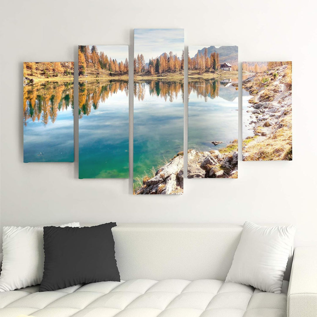 Wandbild Landschaft 250x120 cm Deco Panel 5 Teilig XXL Kunstdruck See Wald braun Deco Panel XXL 250x