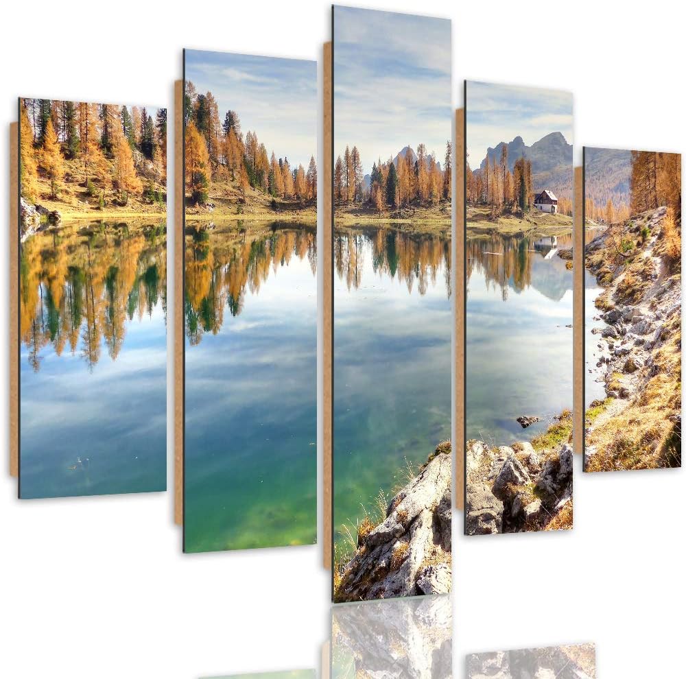 Wandbild Landschaft 250x120 cm Deco Panel 5 Teilig XXL Kunstdruck See Wald braun Deco Panel XXL 250x