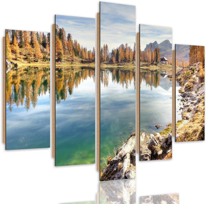 Wandbild Landschaft 250x120 cm Deco Panel 5 Teilig XXL Kunstdruck See Wald braun Deco Panel XXL 250x