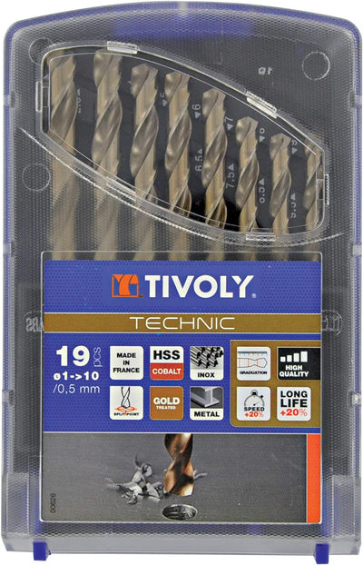 Tivoly 11468570015 T-Box Typ E, 19 Metallbohrer HSS Cobalt Technic Ø1 bis 10 mm x 0,5 mm