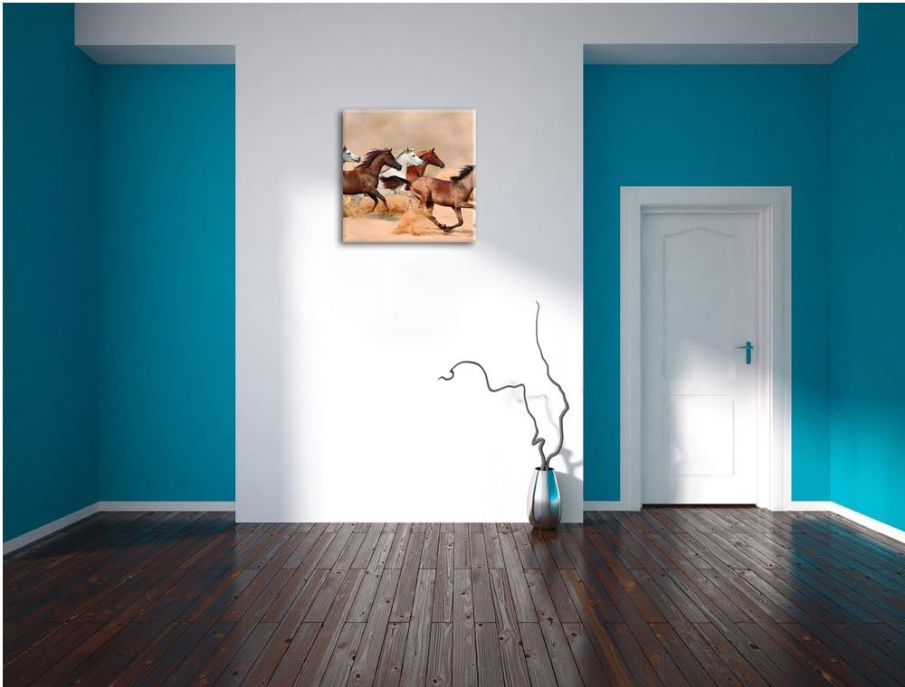 Western Pferde in Wüste, Format: 70x70 auf Leinwand, XXL riesige Bilder fertig gerahmt mit Keilrahme