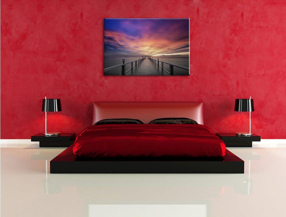 Pixxprint Endloser Steg ins Meer im Sonnenuntergang Schwarz/Weiss, Format: 100x70 auf Leinwand, 100x