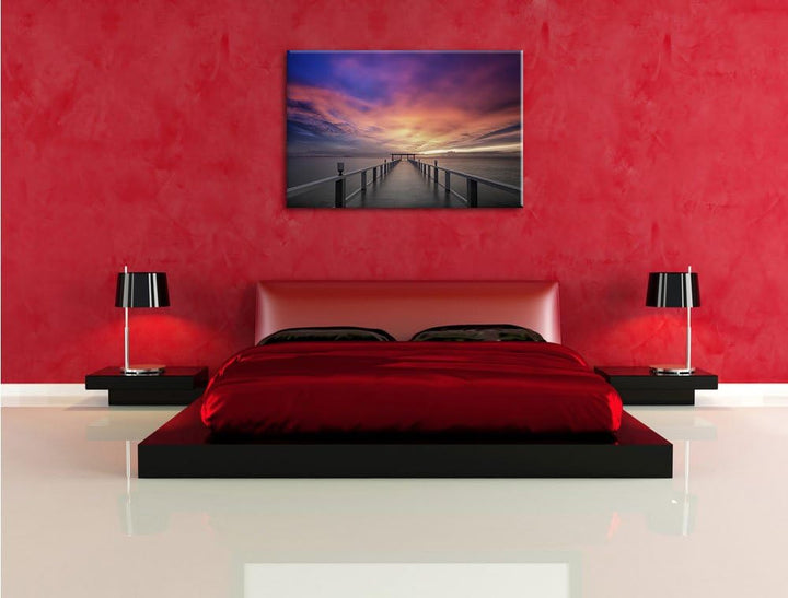 Pixxprint Endloser Steg ins Meer im Sonnenuntergang Schwarz/Weiss, Format: 100x70 auf Leinwand, 100x