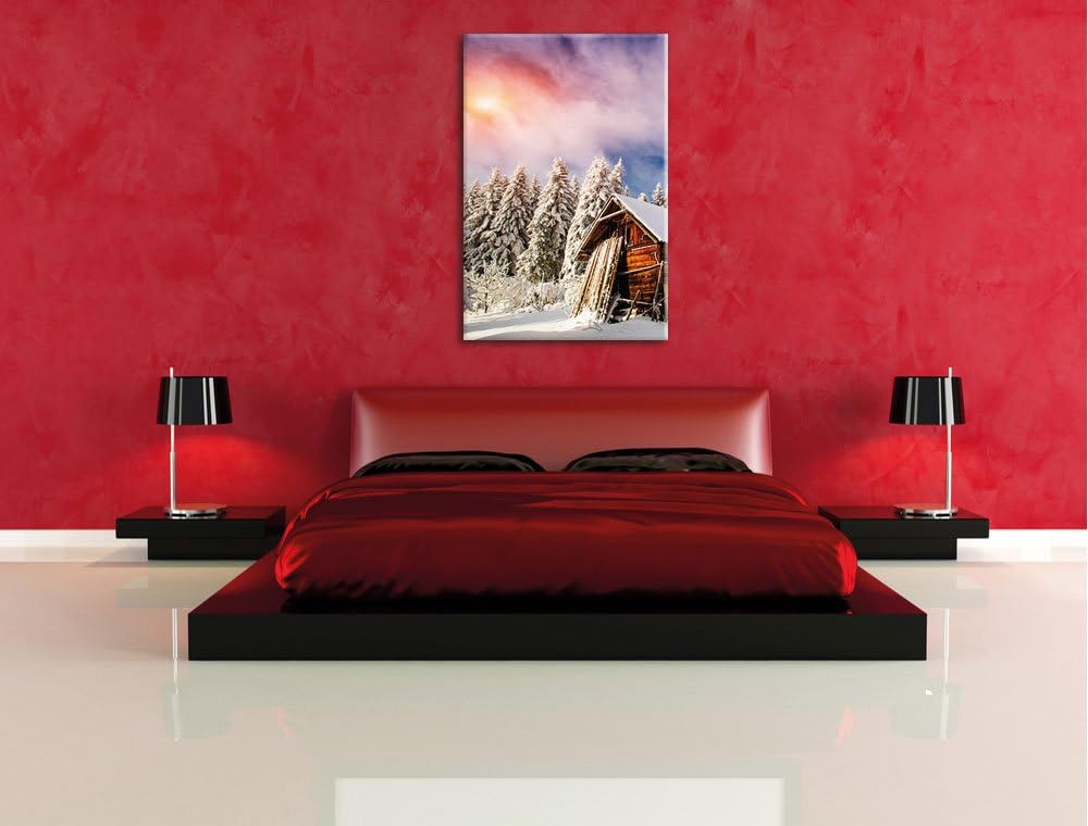 Holzhütte im Schnee, Format: 100x70 auf Leinwand, XXL riesige Bilder fertig gerahmt mit Keilrahmen,