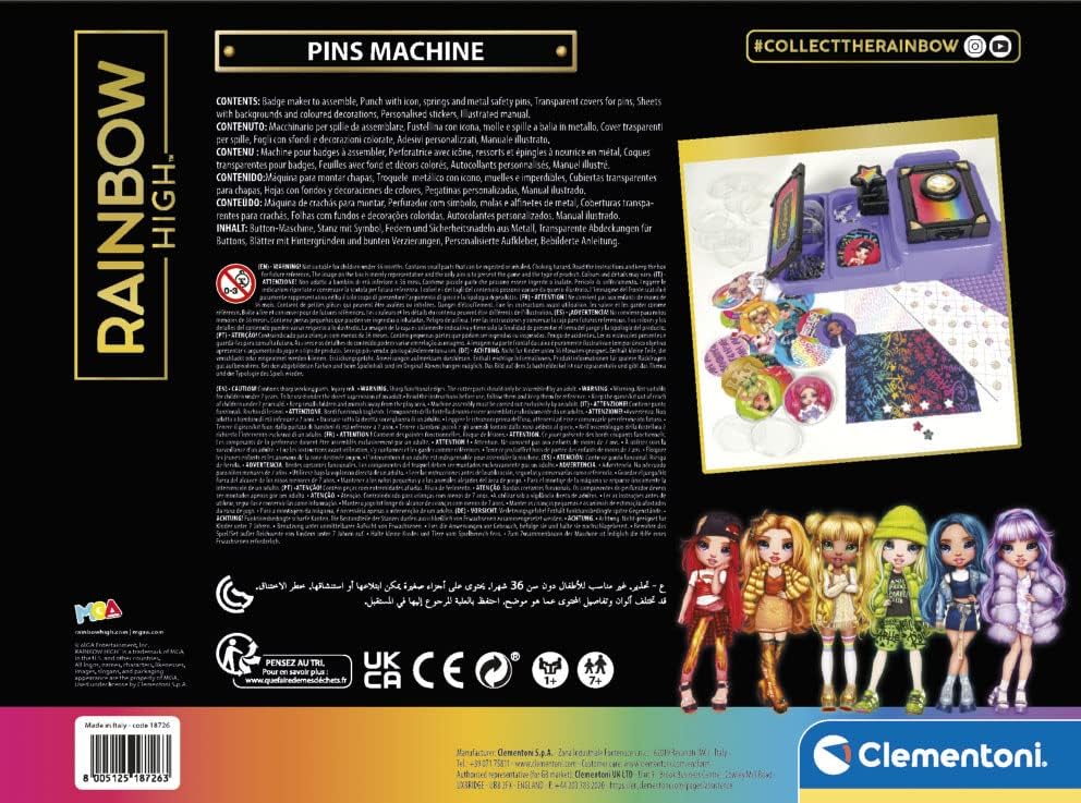 CLEMENTONI 18726 Rainbow High – Pins Machine – Set zum Erstellen von personalisierten Broschen, krea