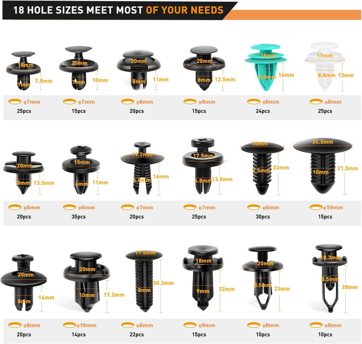 GOOACC - GRC-34 Druckstangen-Nietenclips mit 18 beliebtesten Grössen für Benz, BMW, Toyota, Honda, S