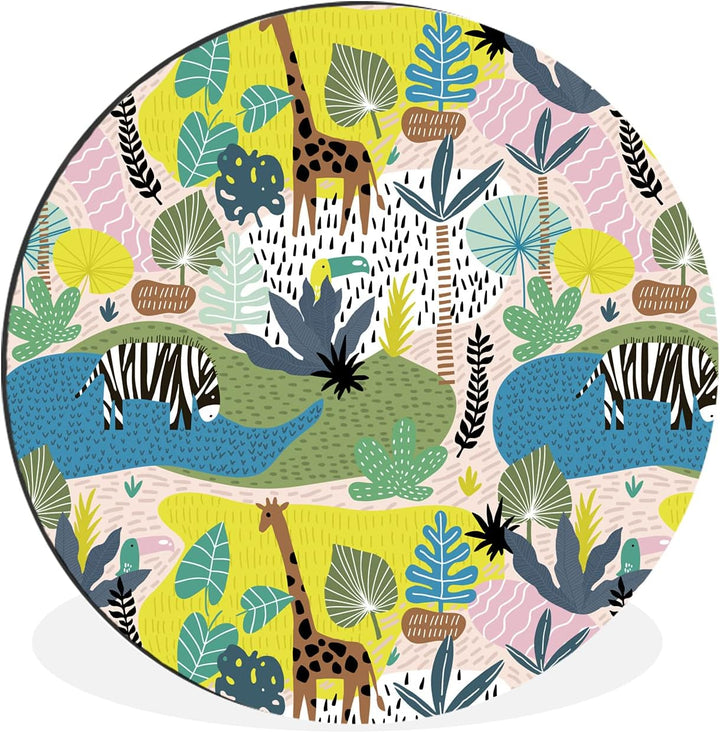 MuchoWow Wandbild Rund Wanddeko Deko Wohnzimmer Bilder 30x30 cm Dschungel - Tiere - Pflanzen - Farbe