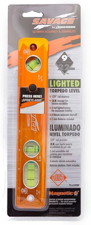 Swanson Tool Co TLL049M Savage Lightning Aluminum Torpedo Magnetic Illuminated Levels, 9", 3 Vials,