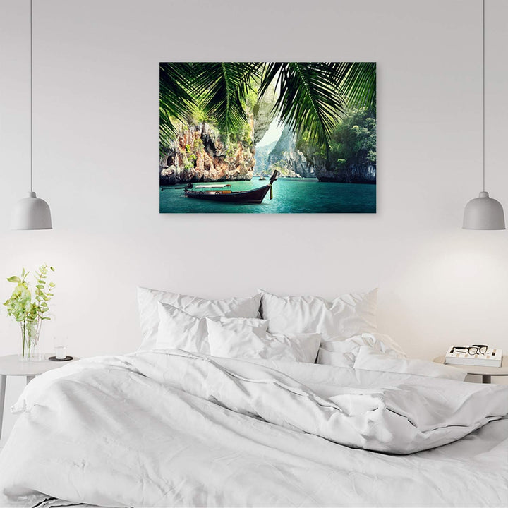 Dekobild Boot Deko Wand Kunstdruck See Grün 70x50 cm