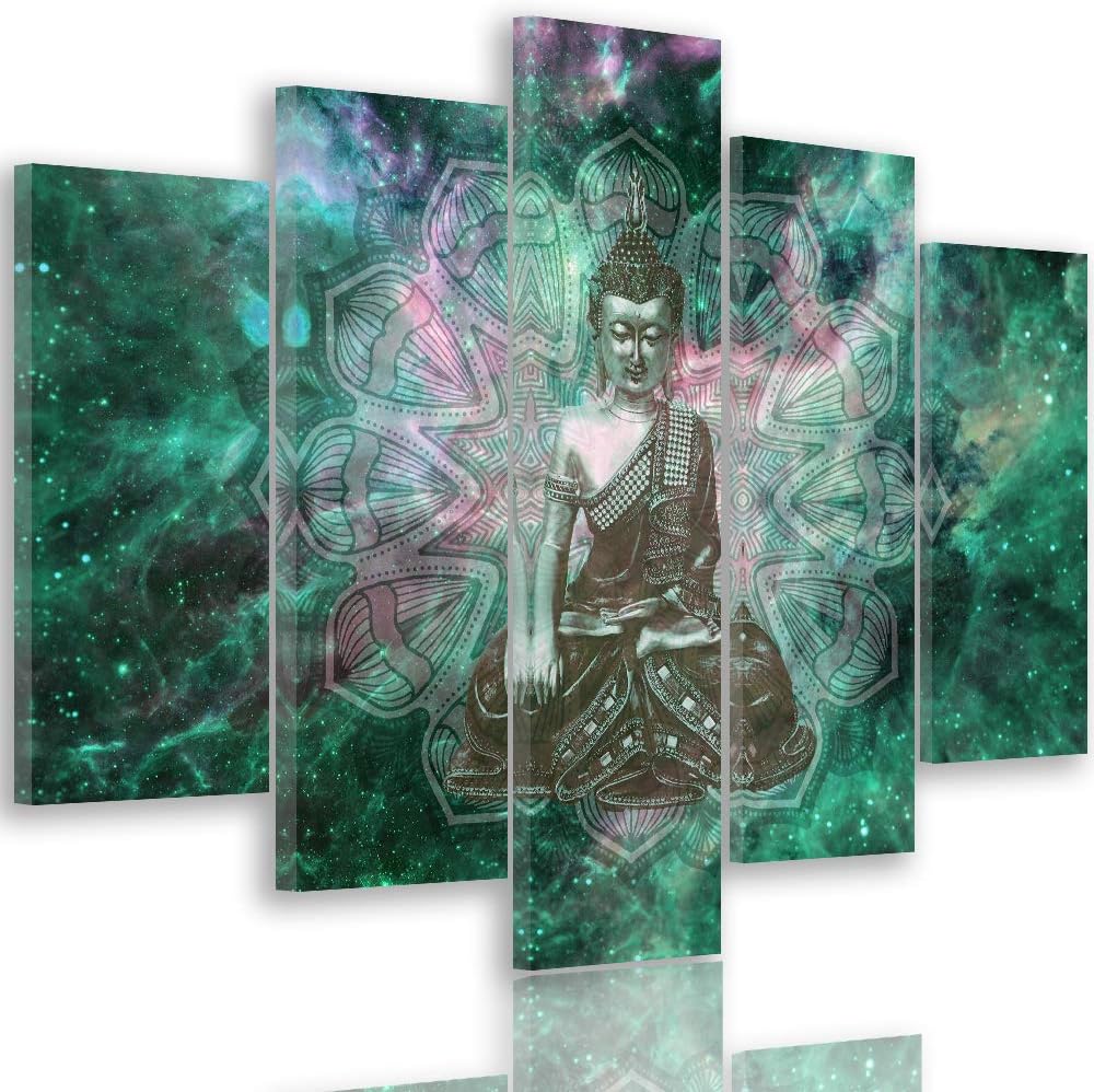 Feeby Bilder Abstrakt 300x140 cm Leinwandbild 5 Teilig XXL Kunstdruck modern Buddha grün Leinwandbil