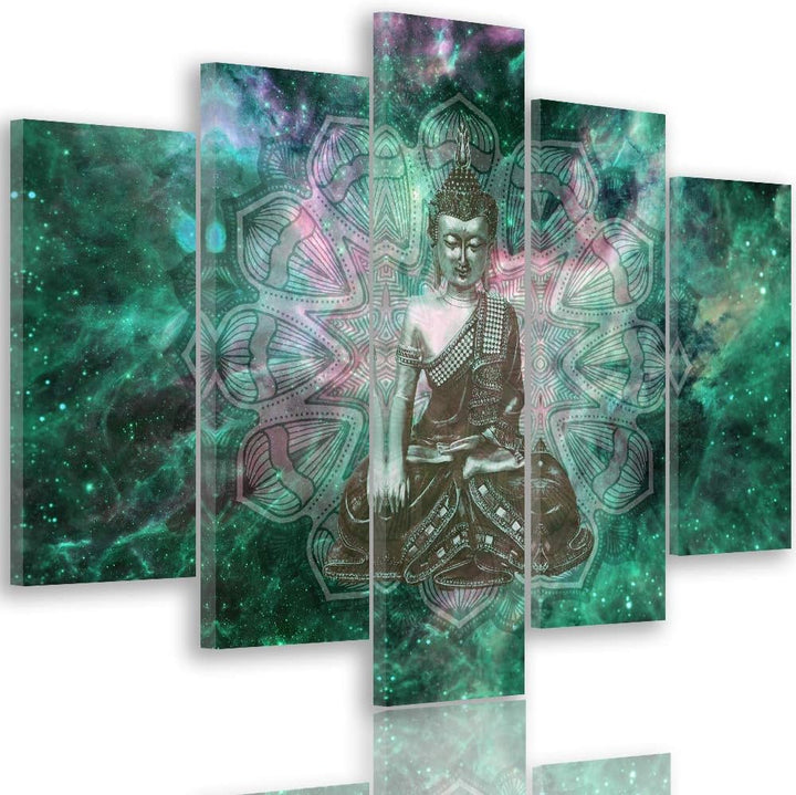 Feeby Bilder Abstrakt 300x140 cm Leinwandbild 5 Teilig XXL Kunstdruck modern Buddha grün Leinwandbil