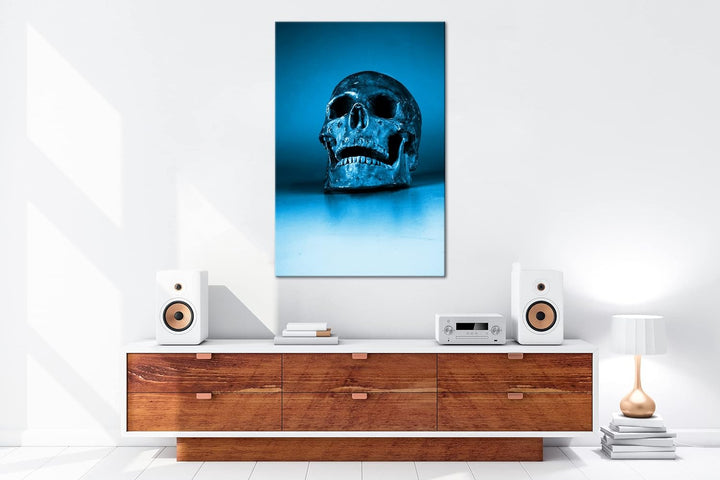 deyoli goldener Schädel Format 80x60 Effekt: Monocrome Blau als Leinwandbild, Motiv fertig gerahmt a