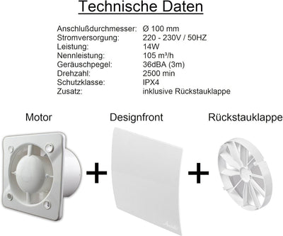 MKK Ø 100 mm Badventilator hochglanz weiss gebogen Feuchtigkeitssensor Timer Nachlauf und Rückstaukl