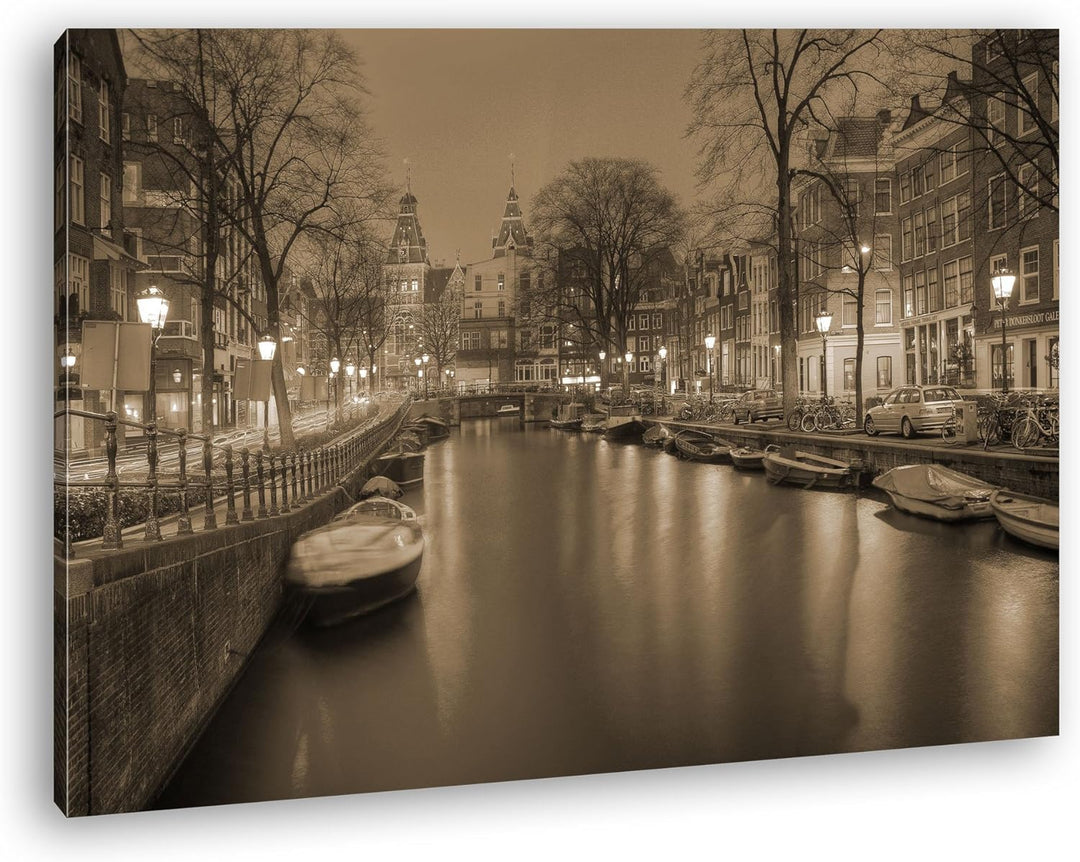 deyoli Kanal in Amsterdam bei Nacht Format: 60x40 Effekt: Sepia als Leinwandbild, Motiv fertig gerah