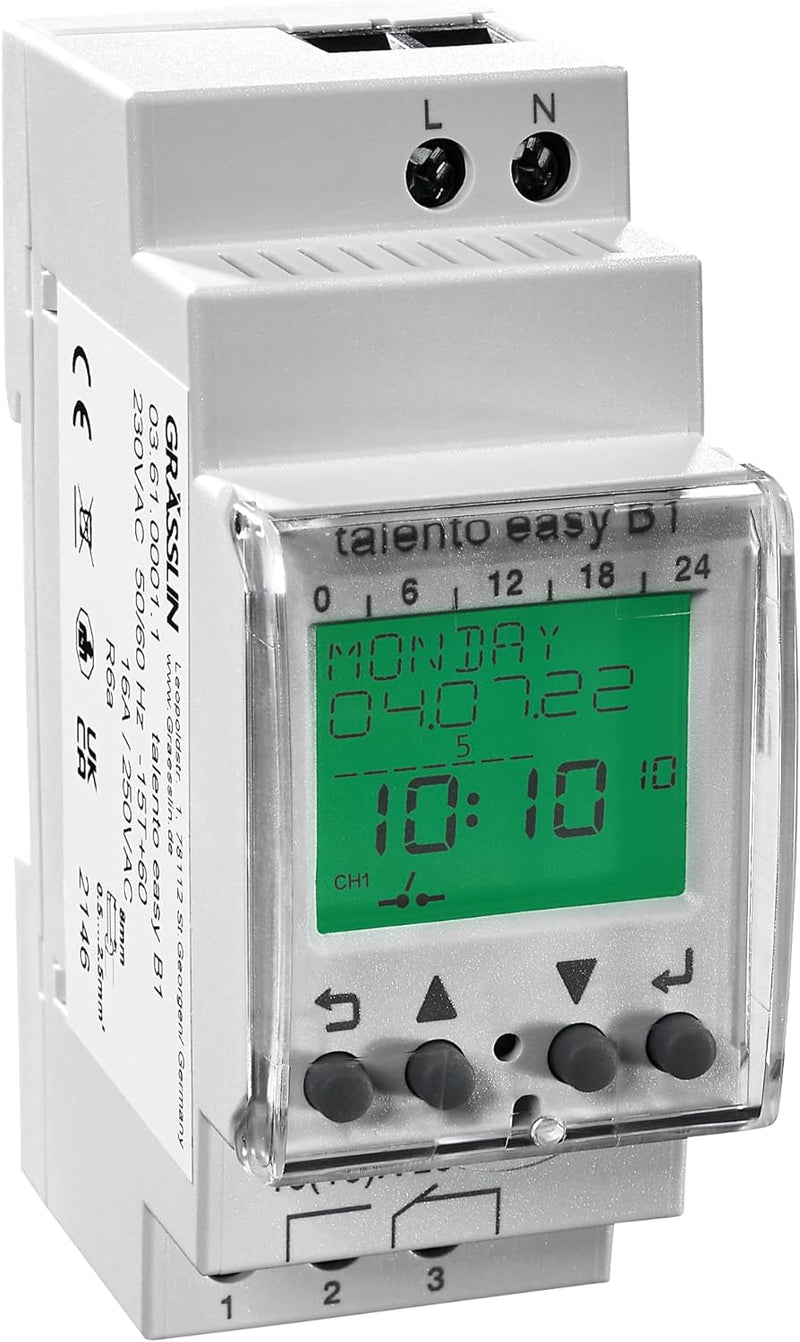 GRÄSSLIN 03.61.0001.1 talento Easy B1 – Digitale Zeitschaltuhr mit Jahresprogramm I 1-Kanal I 50 Spe