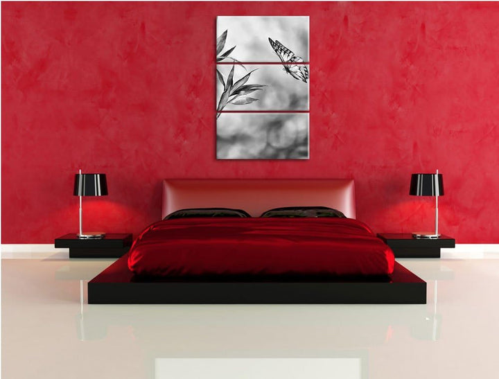 Pixxprint Bambus mit Schmetterling als Leinwandbild/Grösse: 3 Teilig (120x80) cm/Wandbild/Kunstdruck