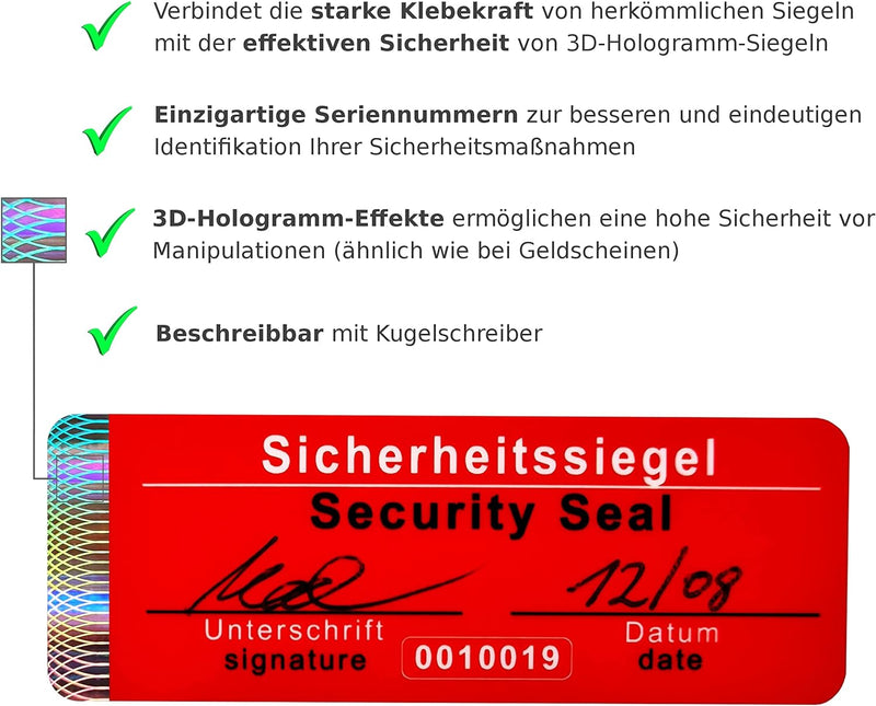 1000 Stk - Sicherheits-Siegel mit Seriennummer - 70x25mm rot, beschreibbar - Sicherheitssiegel, Qual