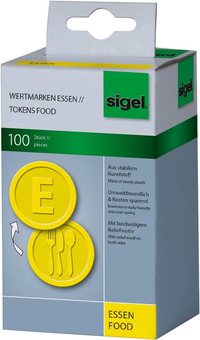SIGEL WM002 Wertmarken Chips/Pfandmarken Essen, gelb, 100 Stück & WM007 Wertmarken Chips/Pfandmarken
