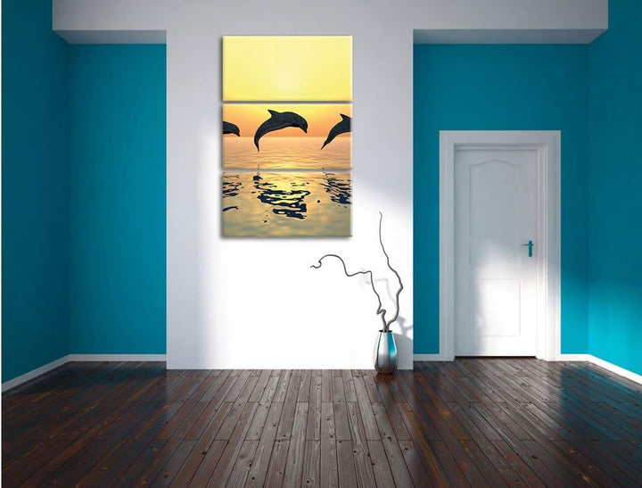 Pixxprint springende Delfine im Sonnenuntergang 3-Teiler Leinwandbild 120x80 Bild auf Leinwand