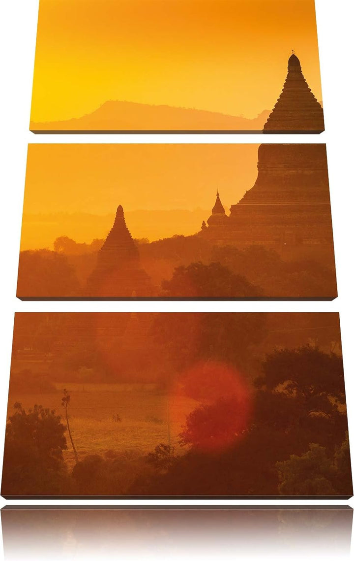 Pixxprint Buddha Tempel im Sonnenuntergang 3-Teiler Leinwandbild 120x80 Bild auf Leinwand
