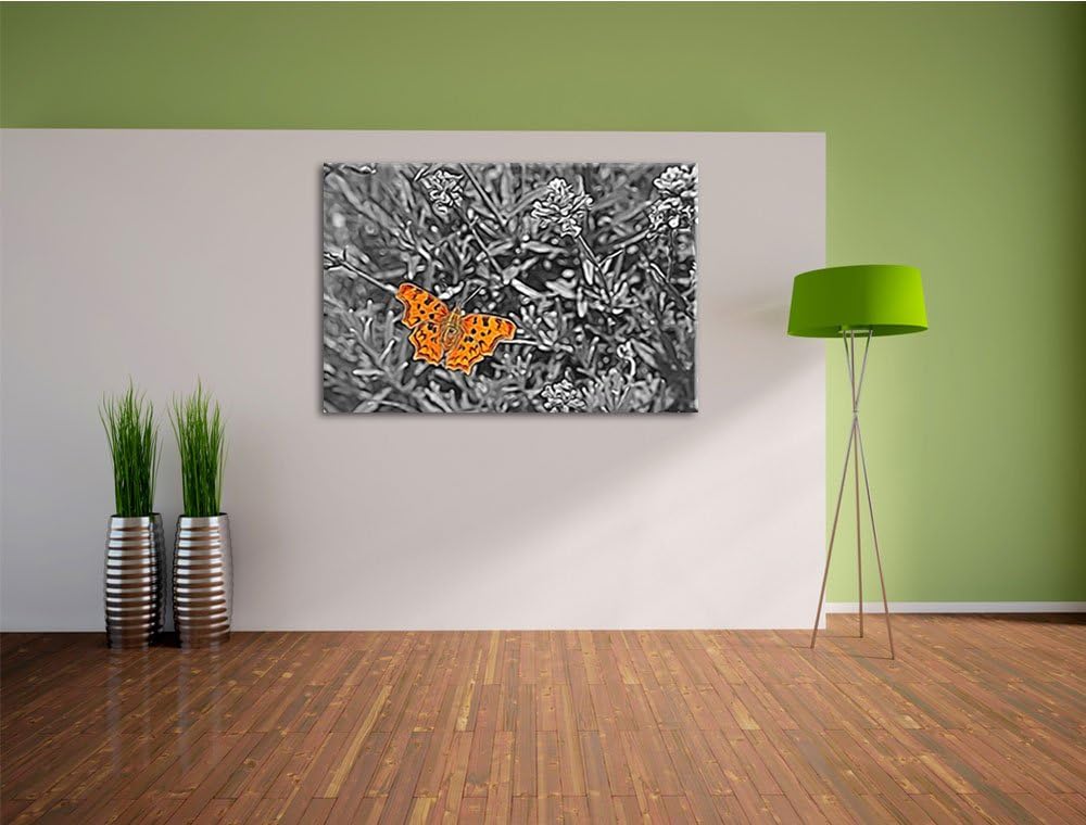 schöner Schmetterling auf Blumenwiese schwarz/weiss Deluxe Format: 100x70 cm auf Leinwand, XXL riesi