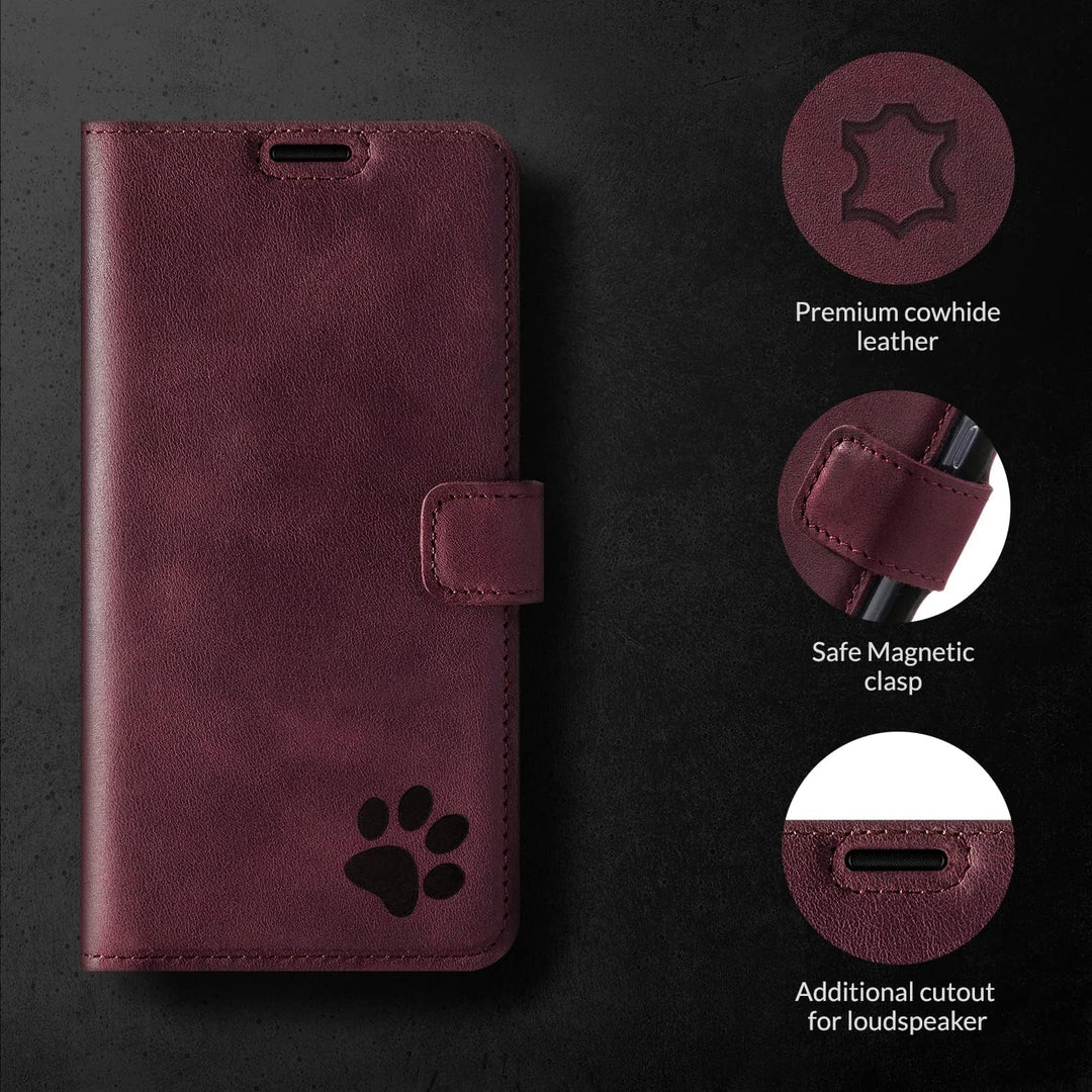 SURAZO Premium Handyhülle für Samsung Galaxy A14 5G – Echtleder Hülle mit Pfote Motiv – Vintage Klap