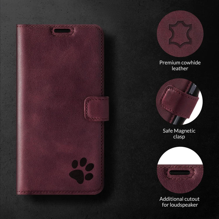 SURAZO Premium Handyhülle für Samsung Galaxy A14 5G – Echtleder Hülle mit Pfote Motiv – Vintage Klap