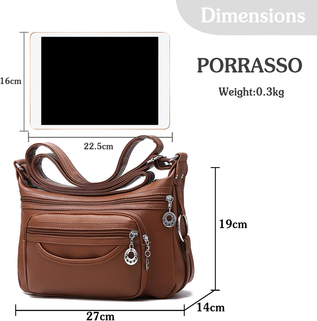 PORRASSO Damen Umhängetasche Multi-Tasche Wasserdicht Schultertasche Messenger Bag PU Handtasche für