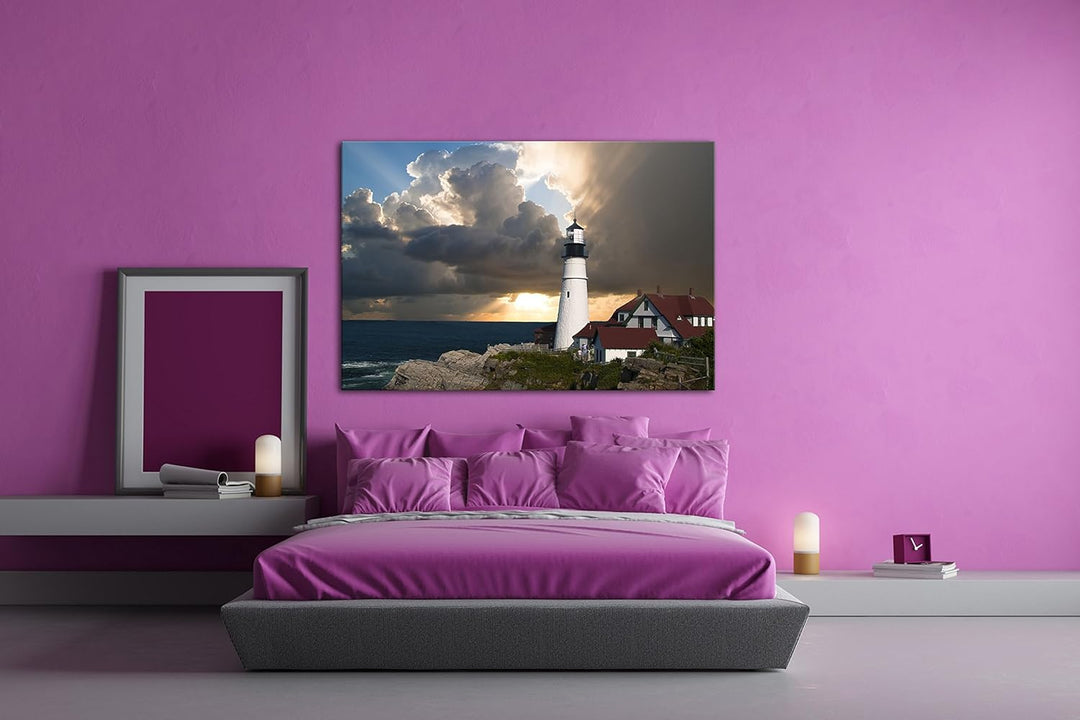 deyoli erhellender Leuchtturm an einer Felsigen Klippe Format: 80x60 als Leinwandbild, Motiv fertig