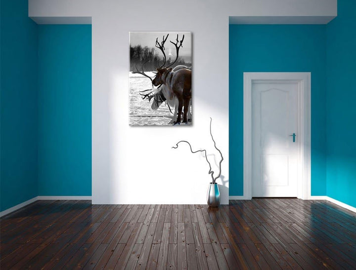Rentiere im Schnee schwarz/weiss Format: 100x70 auf Leinwand, XXL riesige Bilder fertig gerahmt mit