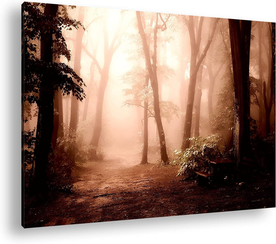 deyoli neblischer Waldweg Format: 80x60 als Leinwand, Motiv fertig gerahmt auf Echtholzrahmen, Hochw