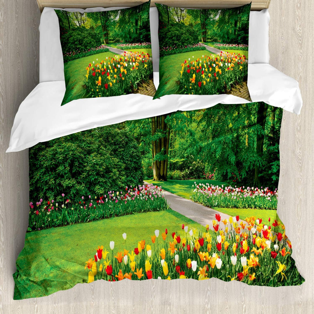 ABAKUHAUS Frühling Bettbezugs Set Für Doppelbetten, Garten mit Tulpen Bäume, Milbensicher Allergiker