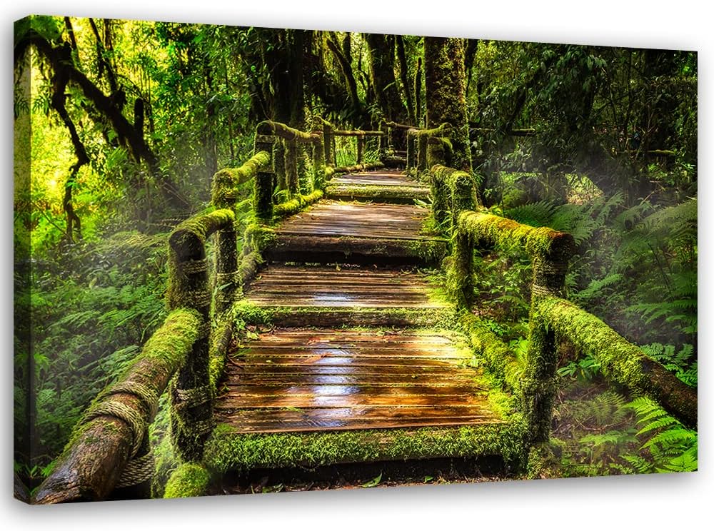 Feeby Vlies Leinwandbild Holzbrücke Treppe Dschungel 90x60 cm Druckbild Wandbild Wanddekoration Deko
