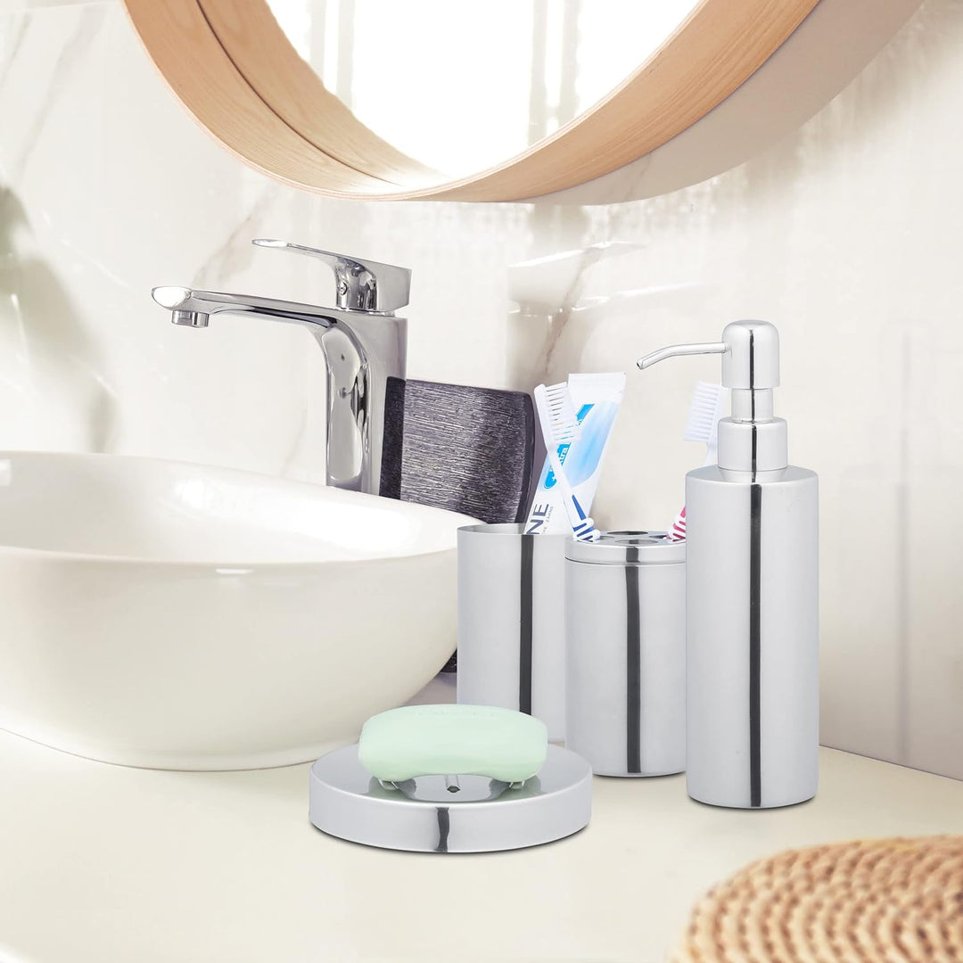 Relaxdays Badezimmer Set, 4-teilig, Badaccessoires Edelstahl poliert, komplette Badezimmerausstattun