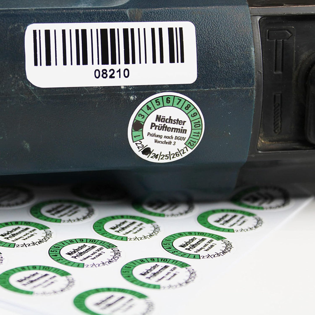 560 Prüfplaketten 20mmØ DGUV V3 "Nächster Prüftermin" 2024-2029, selbstklebend, Prüfaufkleber, E-Che
