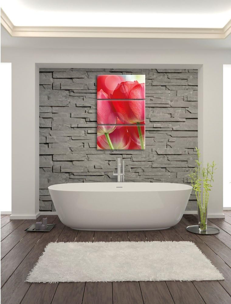 Pixxprint Rote Tulpen als Leinwandbild - Grösse: 3-Teilig (120x80cm) - Wandbild - Kunstdruck - ferti